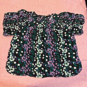 LOFT Floral Print Puff Sleeve Shirred Yoke Top L Multi Green Pink Purple White